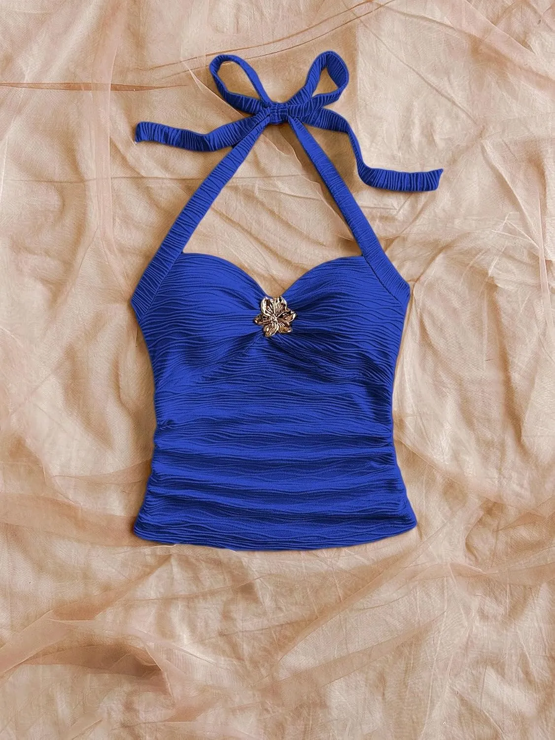 Women Sexy Tie Back Ruched Textured Halter Top Summer Slim Fit Sweetheart Neck Lace Up Backless Knit Tank Shirt