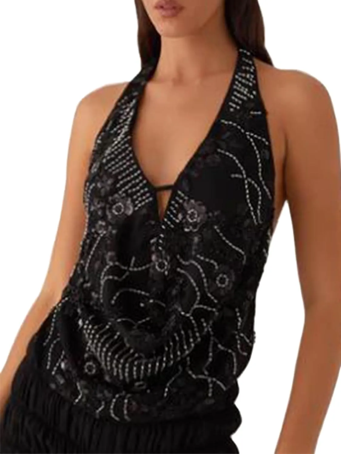 Women Sparkly Sequins Halter Neck Tank Top Sexy Deep V Neck Tie Backless Vests Summer Camisole for Club Party