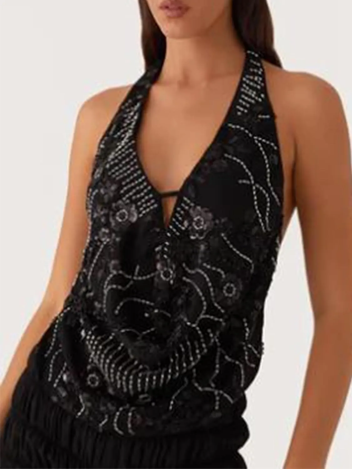 Women Sparkly Sequins Halter Neck Tank Top Sexy Deep V Neck Tie Backless Vests Summer Camisole for Club Party