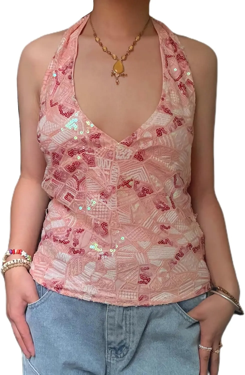 Women Sparkly Sequins Halter Neck Tank Top Sexy Deep V Neck Tie Backless Vests Summer Camisole for Club Party