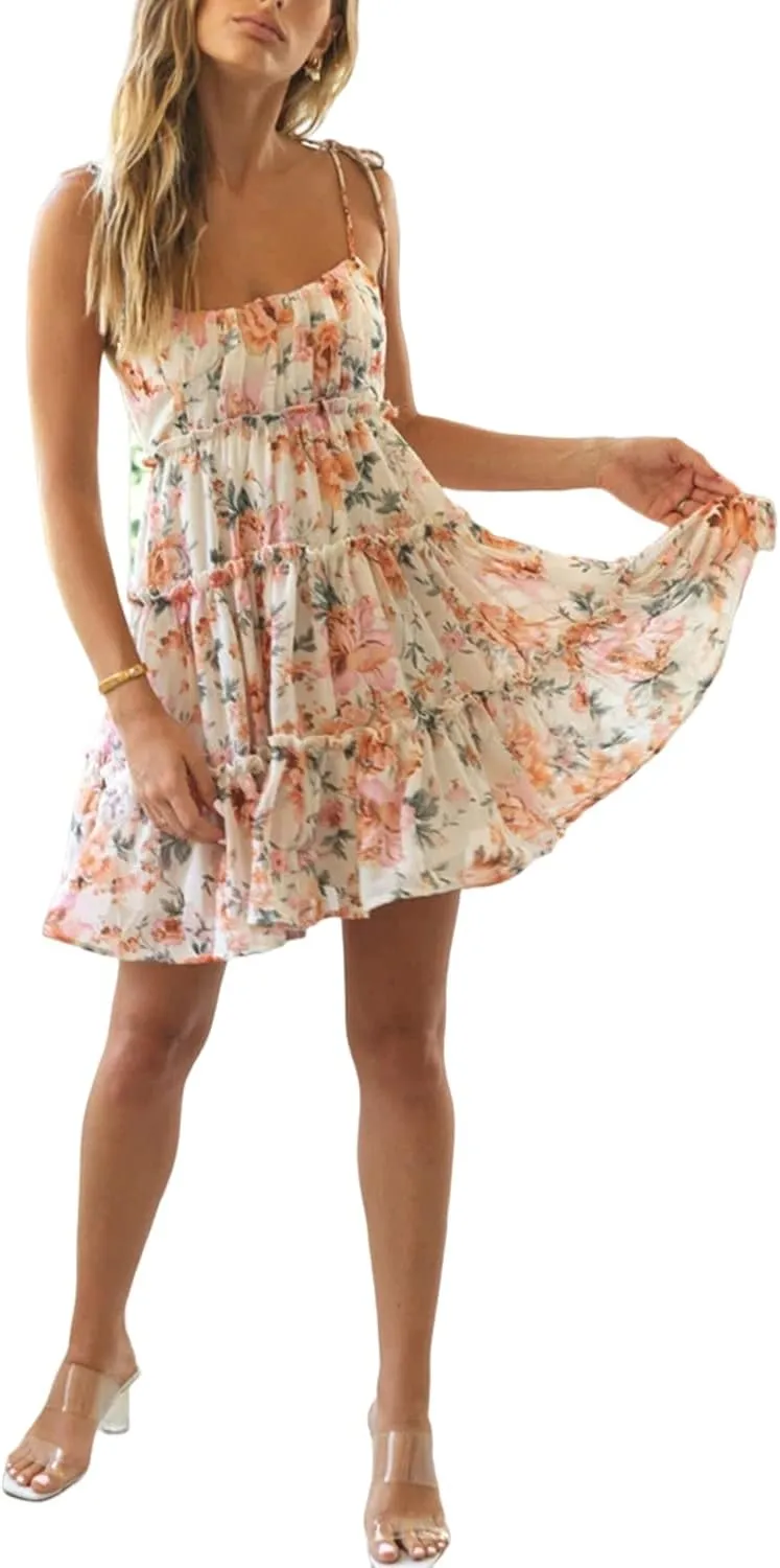 Women Summer Floral Ruffle Sleeveless Tie Shoulder Strappy A Line Flare Short Mini Dress Beach Sundresses