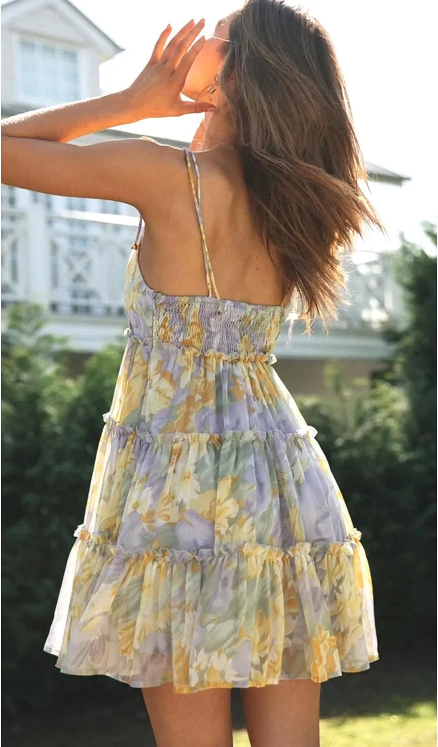 Women Summer Floral Ruffle Sleeveless Tie Shoulder Strappy A Line Flare Short Mini Dress Beach Sundresses