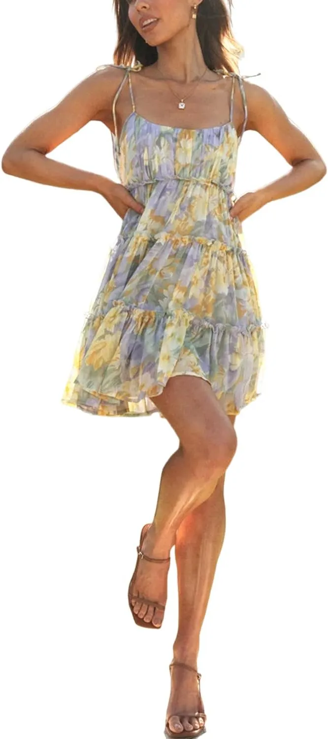 Women Summer Floral Ruffle Sleeveless Tie Shoulder Strappy A Line Flare Short Mini Dress Beach Sundresses