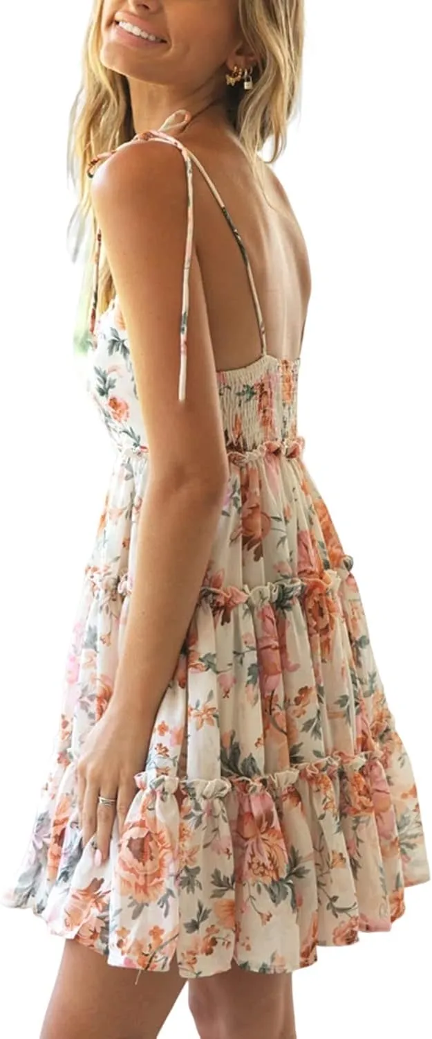 Women Summer Floral Ruffle Sleeveless Tie Shoulder Strappy A Line Flare Short Mini Dress Beach Sundresses