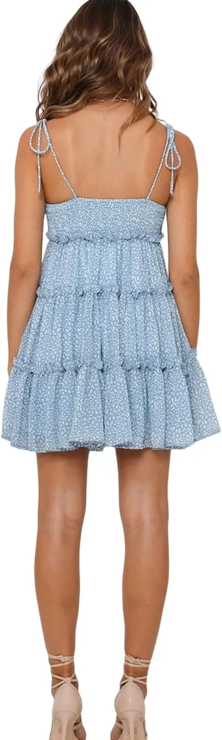 Women Summer Floral Ruffle Sleeveless Tie Shoulder Strappy A Line Flare Short Mini Dress Beach Sundresses
