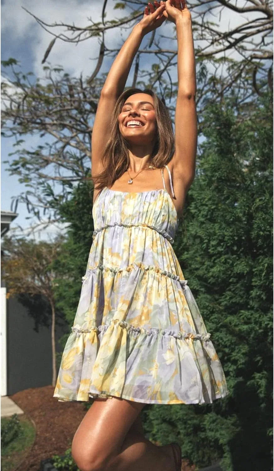 Women Summer Floral Ruffle Sleeveless Tie Shoulder Strappy A Line Flare Short Mini Dress Beach Sundresses