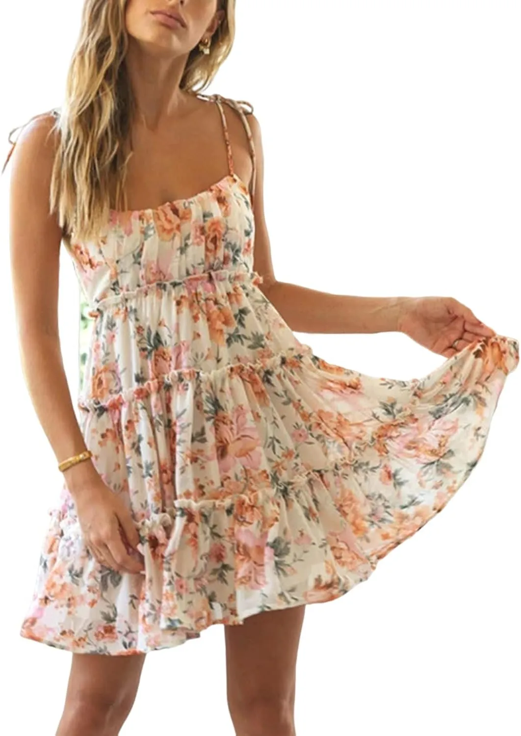 Women Summer Floral Ruffle Sleeveless Tie Shoulder Strappy A Line Flare Short Mini Dress Beach Sundresses