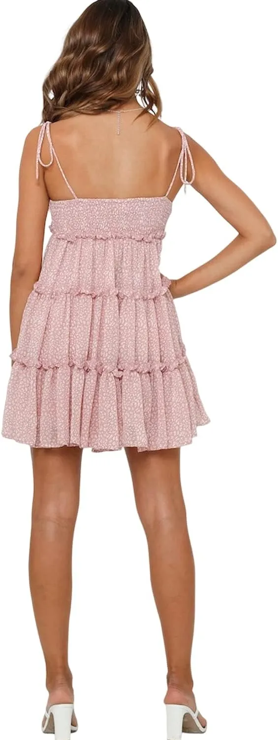 Women Summer Floral Ruffle Sleeveless Tie Shoulder Strappy A Line Flare Short Mini Dress Beach Sundresses
