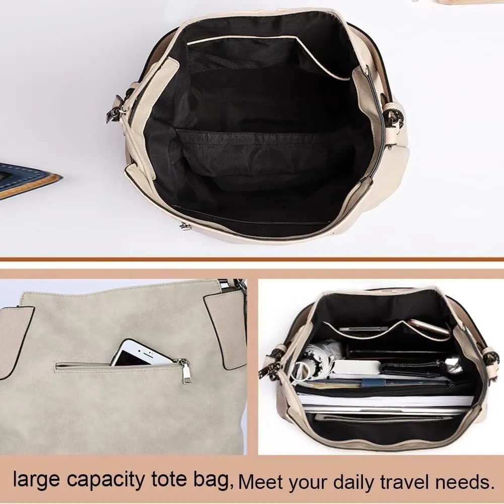 Women Tote Vegan Leather Shoulder Tote Vintage Hobo Satchel Handbag Over Size Handbags Pocket Purse Double Strap