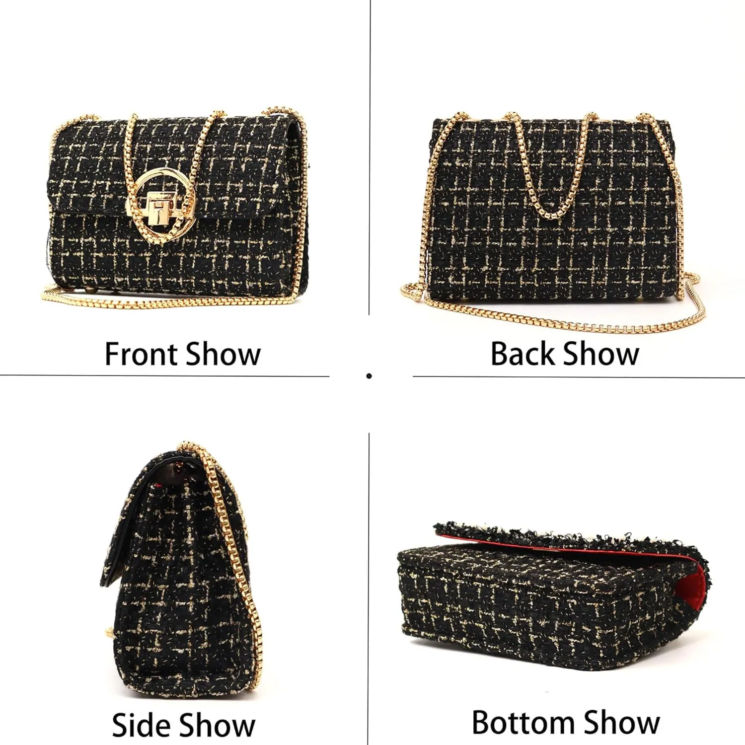 Women Tweed Small Shoulder Bag Handbag and Purse Fashion Ladies Chain Quilted Crossbody Bag Evening Bag Clutch