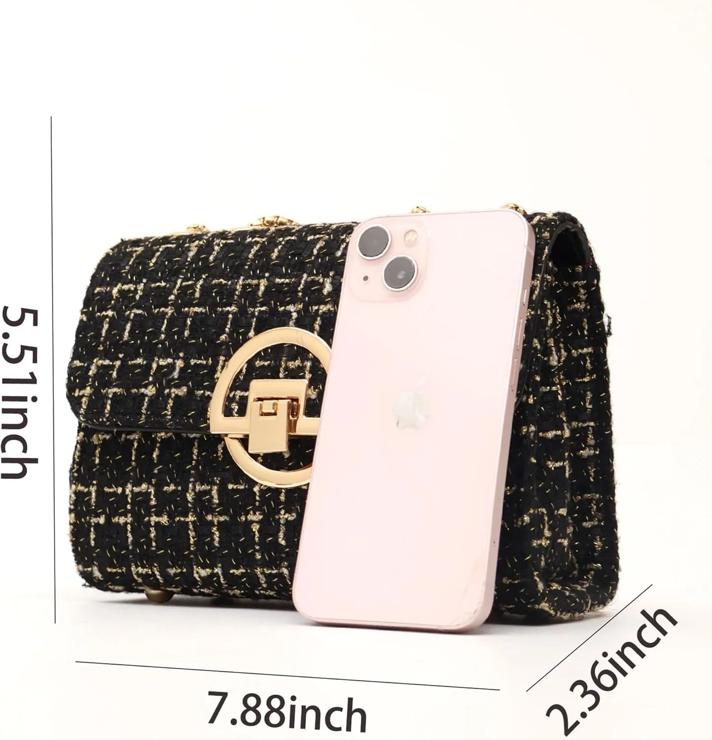 Women Tweed Small Shoulder Bag Handbag and Purse Fashion Ladies Chain Quilted Crossbody Bag Evening Bag Clutch