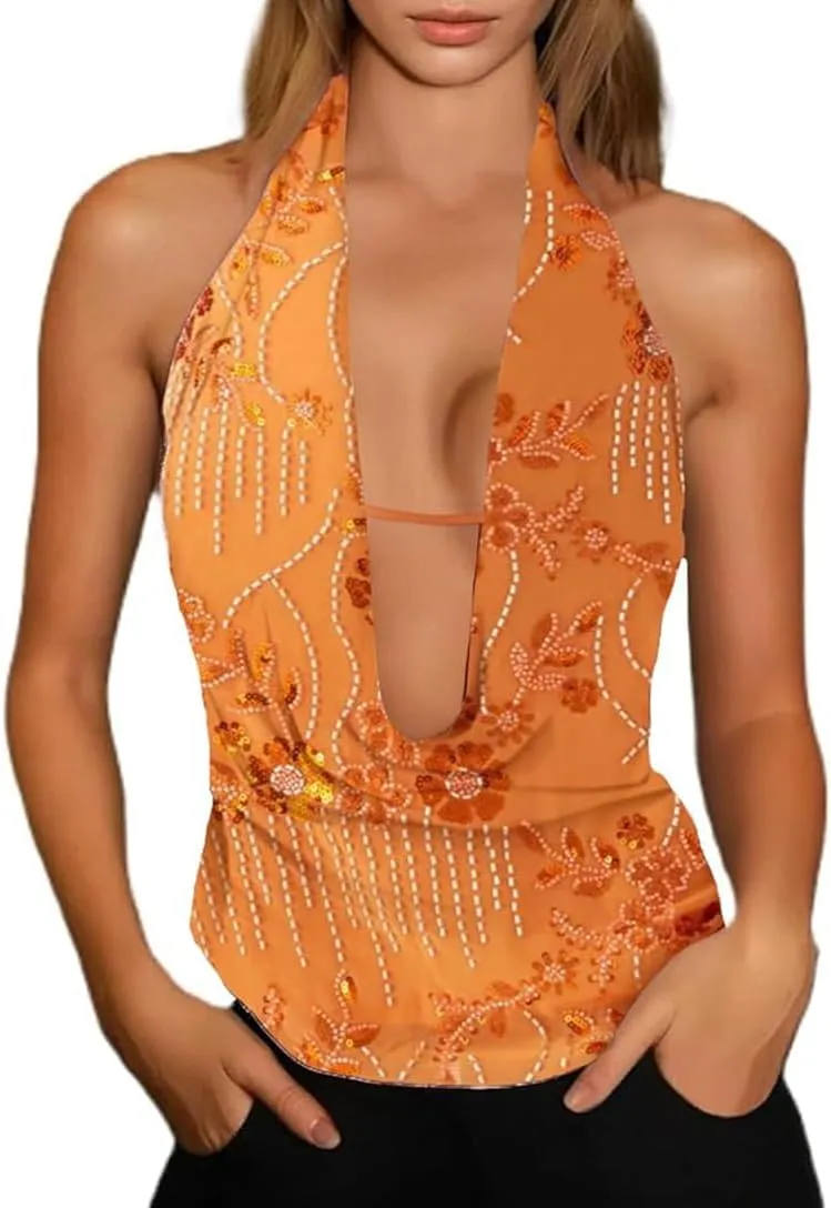 Women Y2K Sequin Cami Top Sexy Plunge V Neck Open Back Tank Cute Sparkle Backless Summer Crop Tops