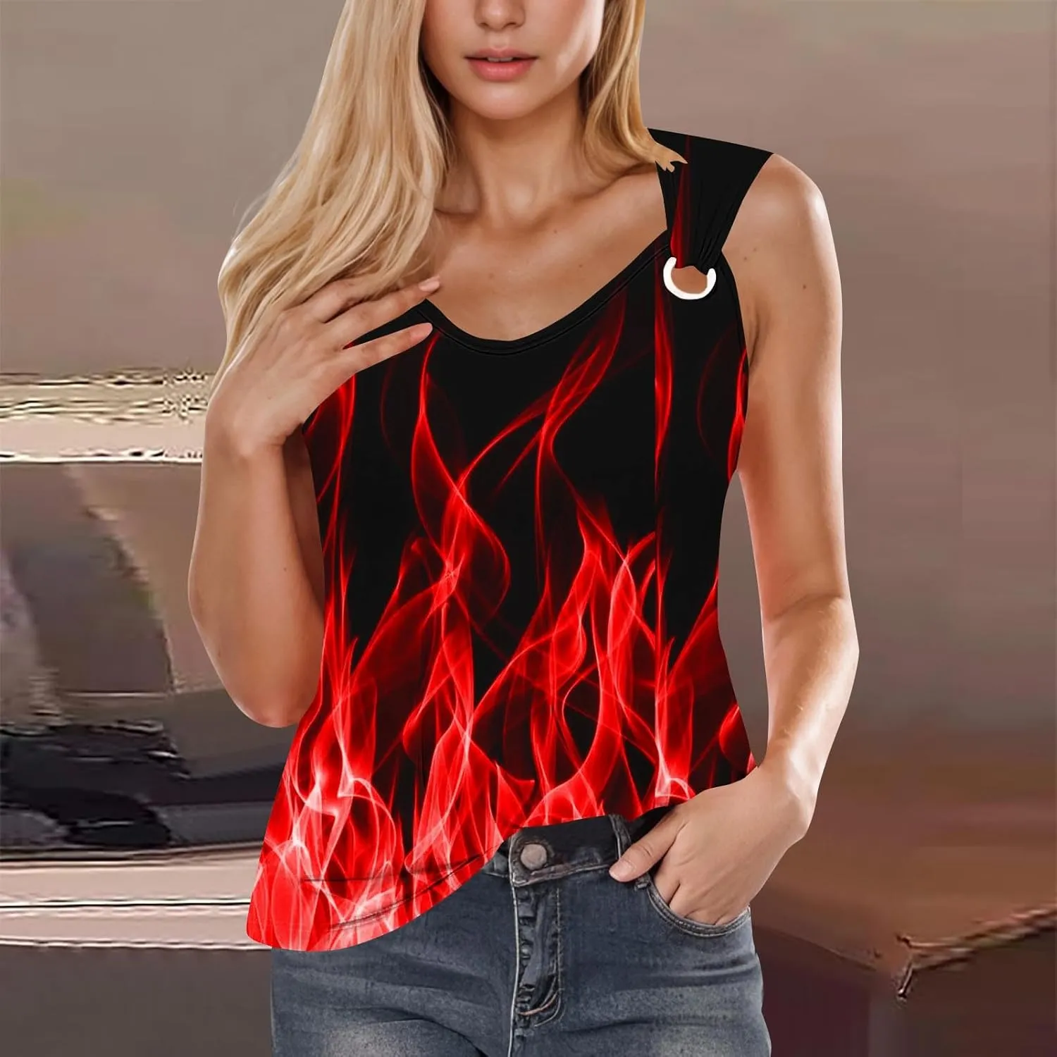 Women's 3D Flame Print Tank Tops Ring Linked V Neck Tanks Soft Sleeveless Cami Vest Shirts Novelty Graphic Tees