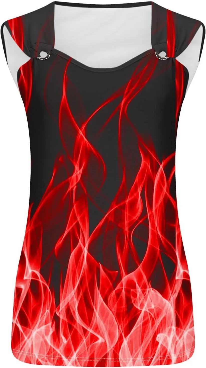 Women's 3D Flame Print Tank Tops Ring Linked V Neck Tanks Soft Sleeveless Cami Vest Shirts Novelty Graphic Tees