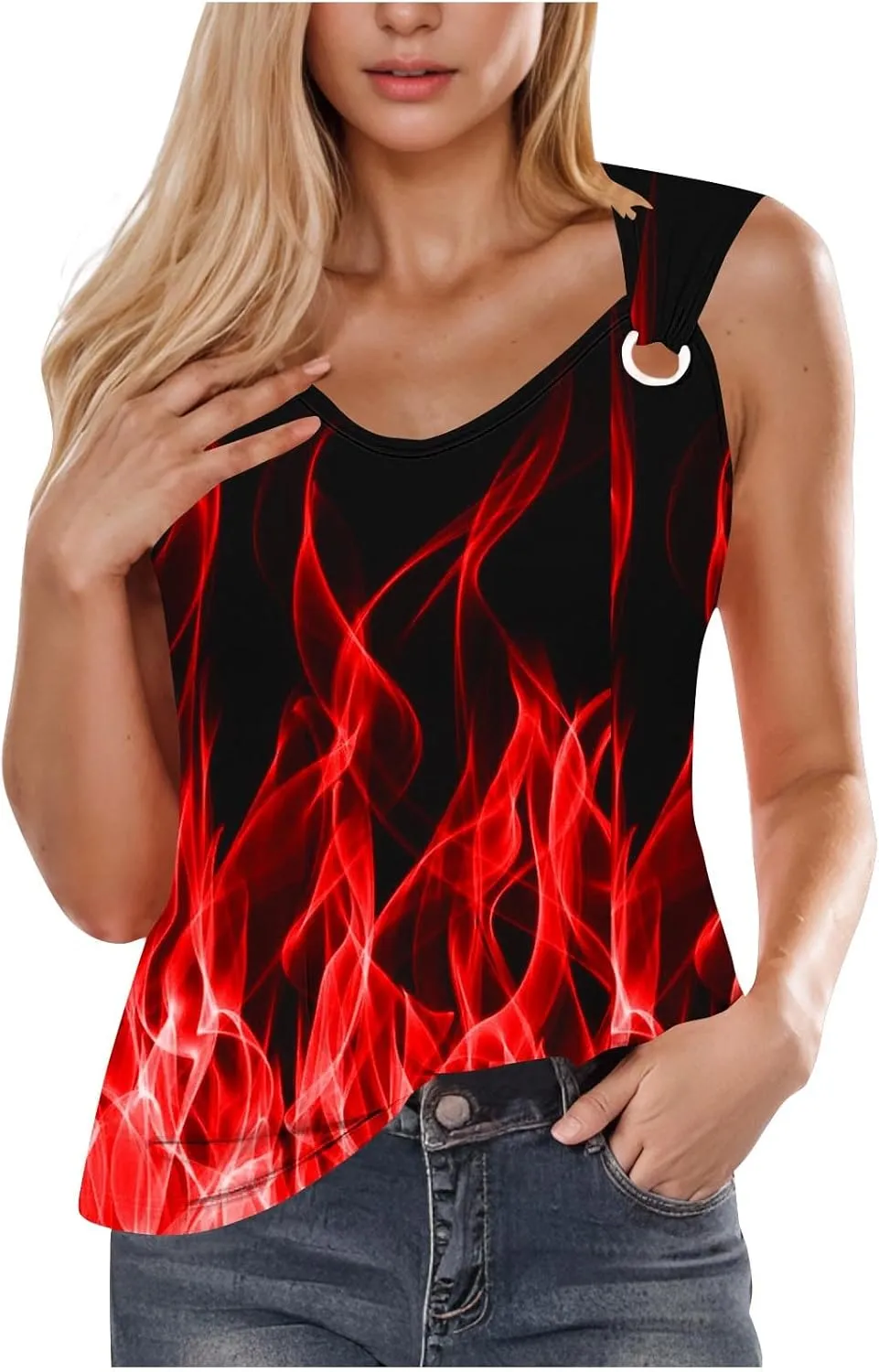 Women's 3D Flame Print Tank Tops Ring Linked V Neck Tanks Soft Sleeveless Cami Vest Shirts Novelty Graphic Tees