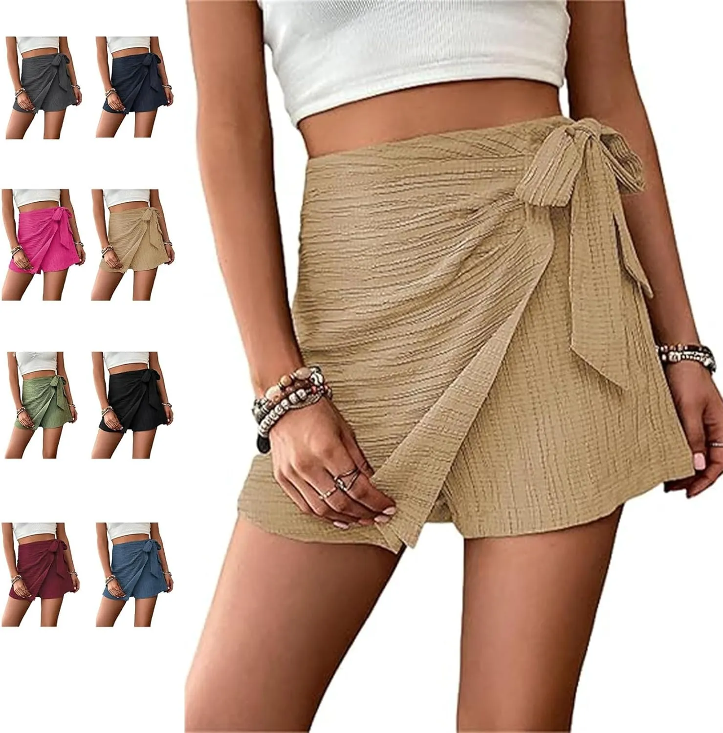 Women's Asymmetric Solid Color Self-Tie Mini Skirt Beach Outfits Knot High Waist Belted Skorts Summer Mini Wrap Shorts