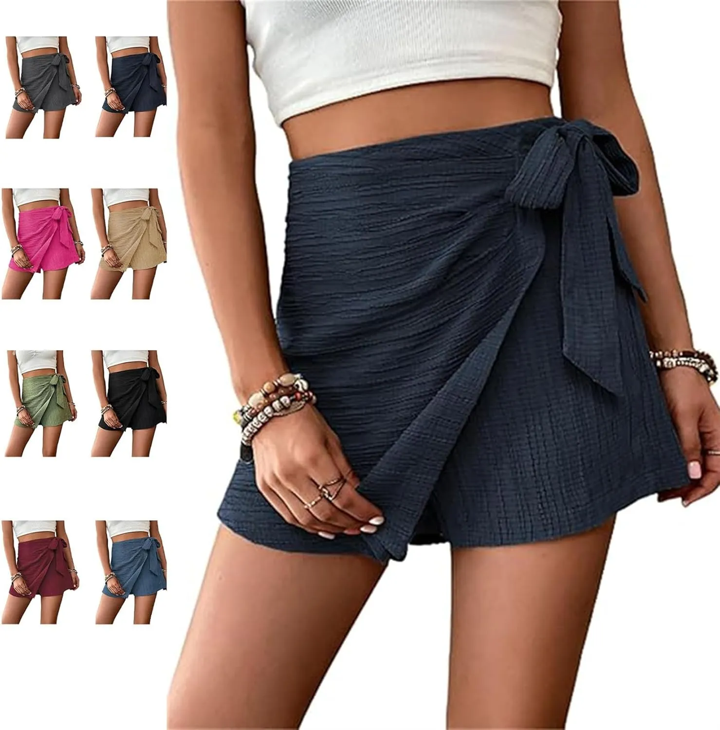 Women's Asymmetric Solid Color Self-Tie Mini Skirt Beach Outfits Knot High Waist Belted Skorts Summer Mini Wrap Shorts