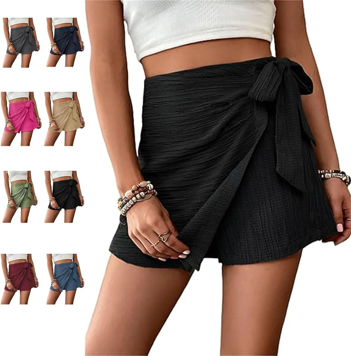 Women's Asymmetric Solid Color Self-Tie Mini Skirt Beach Outfits Knot High Waist Belted Skorts Summer Mini Wrap Shorts