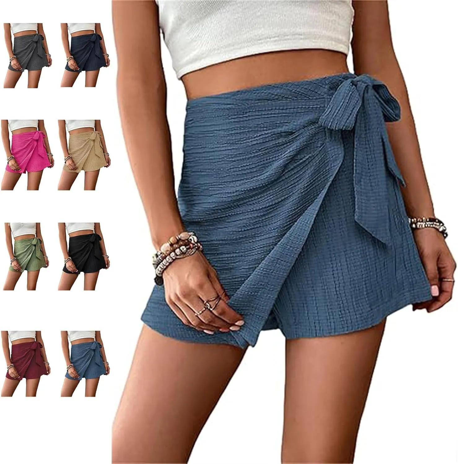 Women's Asymmetric Solid Color Self-Tie Mini Skirt Beach Outfits Knot High Waist Belted Skorts Summer Mini Wrap Shorts