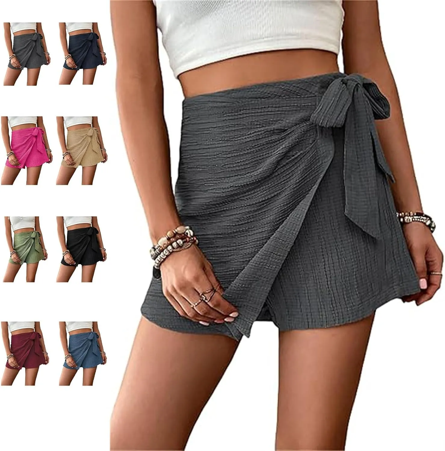 Women's Asymmetric Solid Color Self-Tie Mini Skirt Beach Outfits Knot High Waist Belted Skorts Summer Mini Wrap Shorts