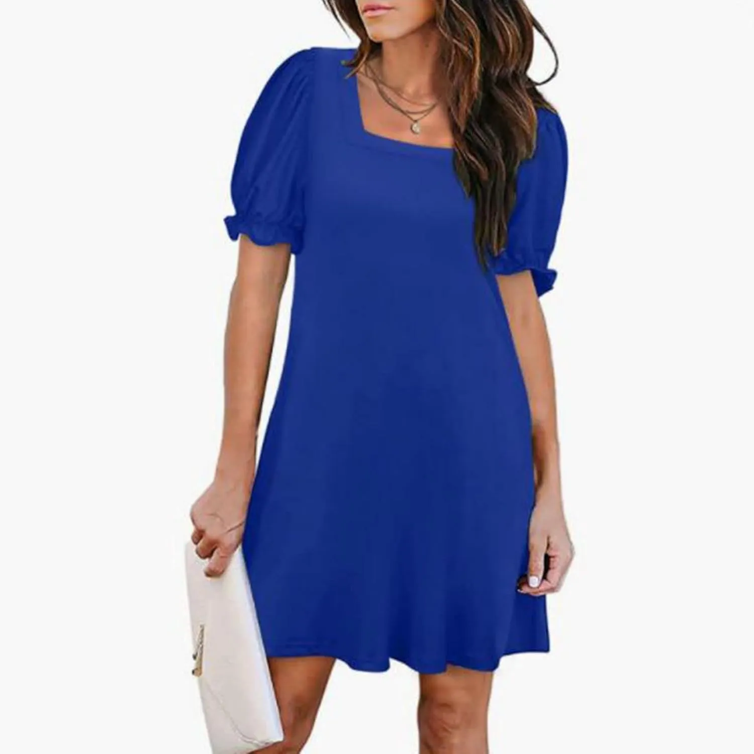 Women's Casual Dresses Square Neck Puff Sleeve Mini Dress Summer Loose Solid A Line Swing Tshirt Sundress 2025