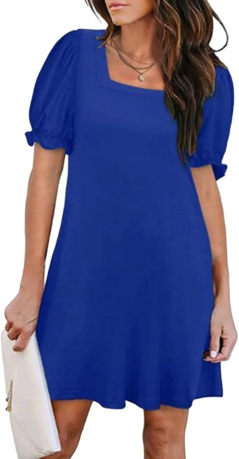 Women's Casual Dresses Square Neck Puff Sleeve Mini Dress Summer Loose Solid A Line Swing Tshirt Sundress 2025