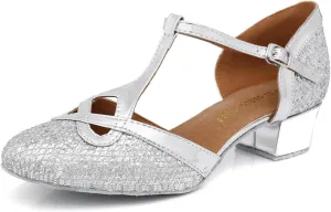 Women's Closed-Toe Synthetic Glitter Material Ballroom Tango Party Wedding Professional Dance Shoes L341 Silver US 9