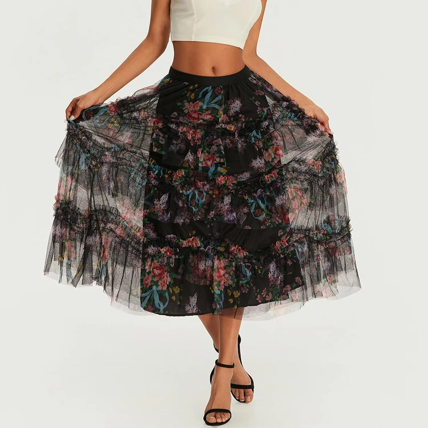Women's Double Layered Mesh Midi Skirt High Waist Floral Butterfly Print Tulle Midi Dress Mesh Pleated A-Line Skirt