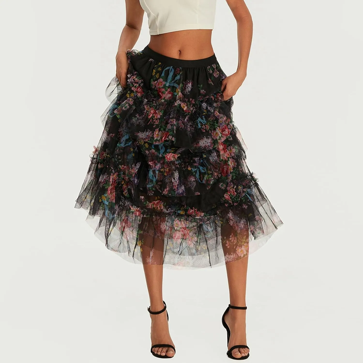 Women's Double Layered Mesh Midi Skirt High Waist Floral Butterfly Print Tulle Midi Dress Mesh Pleated A-Line Skirt