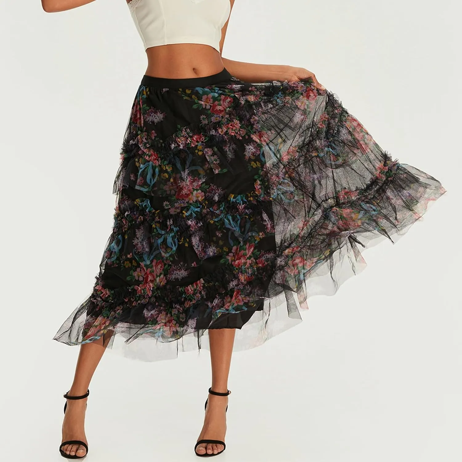 Women's Double Layered Mesh Midi Skirt High Waist Floral Butterfly Print Tulle Midi Dress Mesh Pleated A-Line Skirt