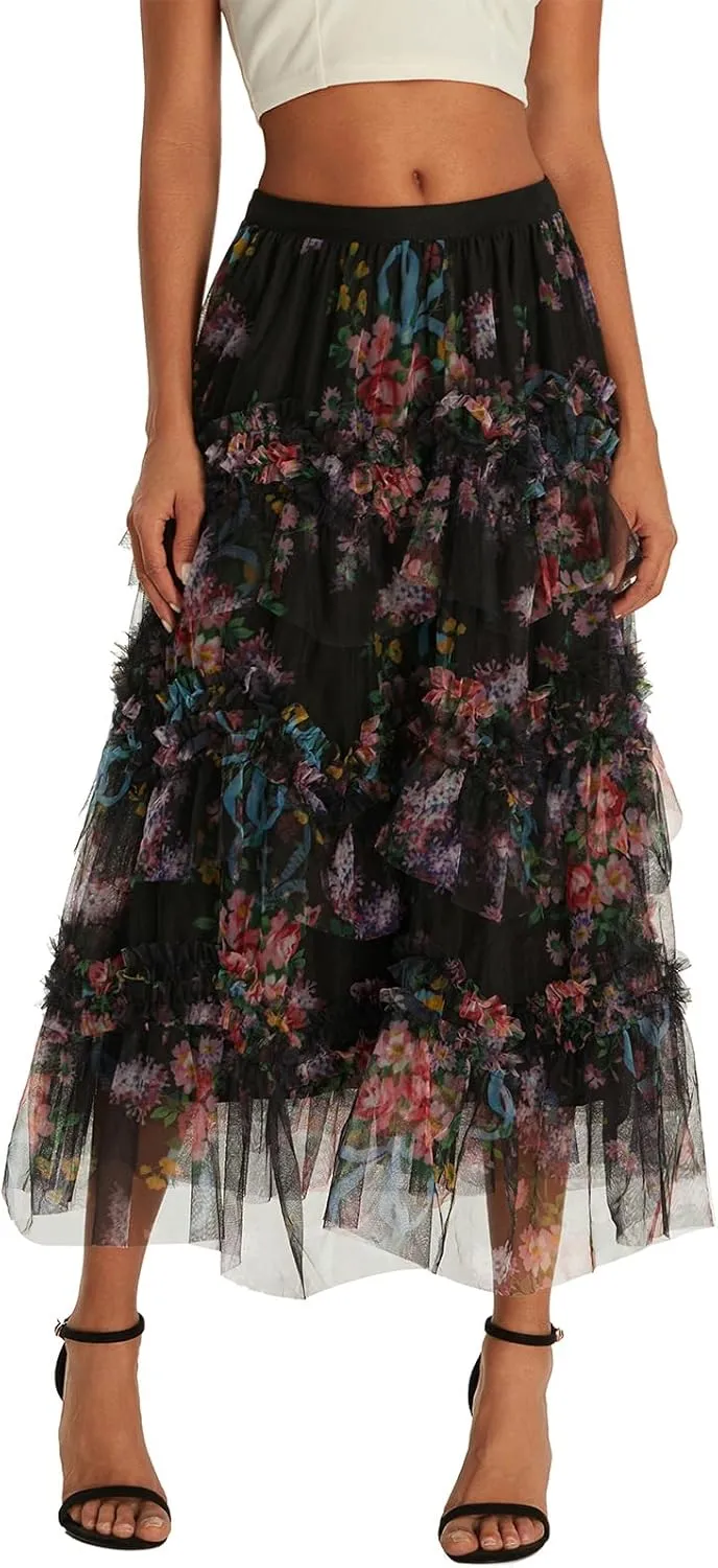 Women's Double Layered Mesh Midi Skirt High Waist Floral Butterfly Print Tulle Midi Dress Mesh Pleated A-Line Skirt