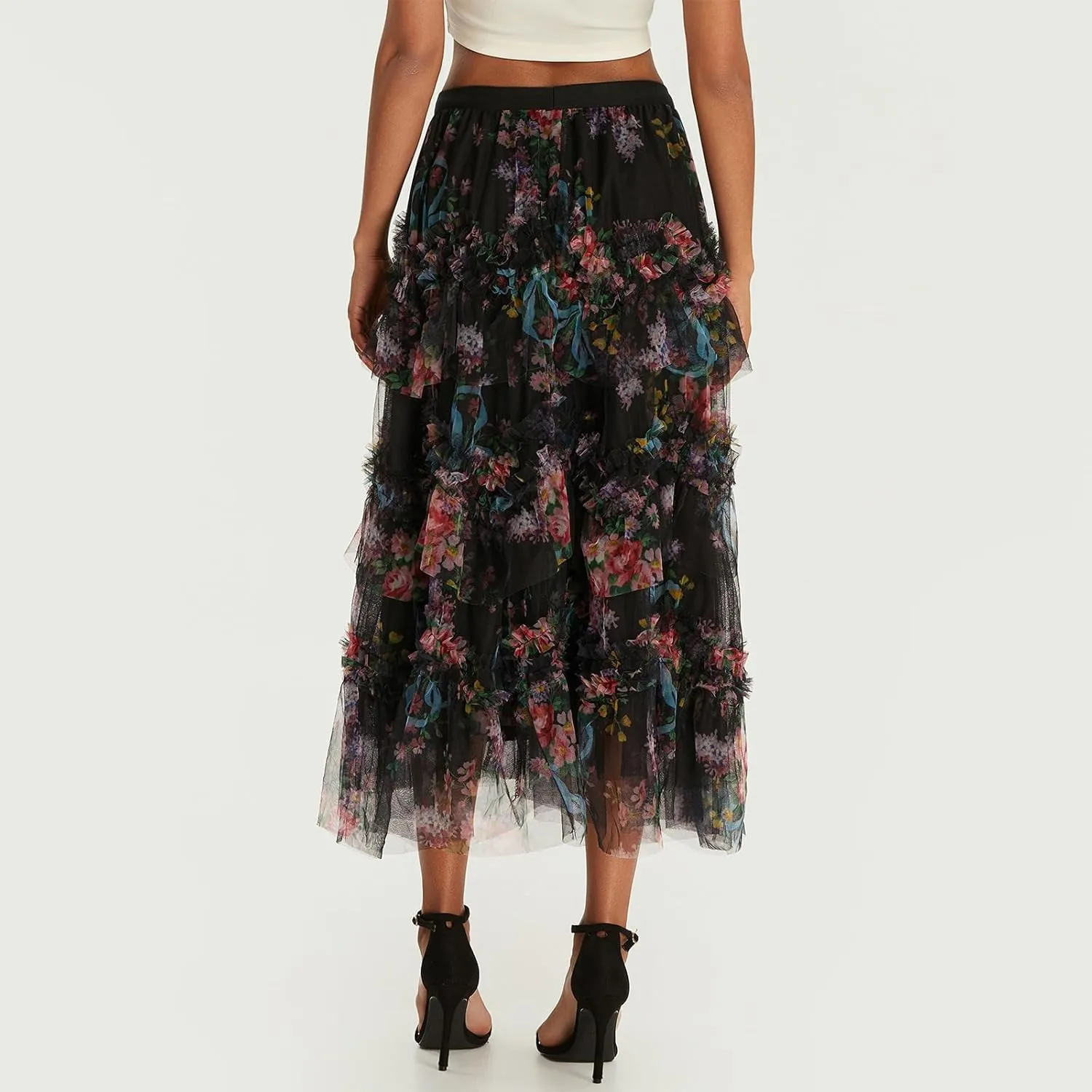 Women's Double Layered Mesh Midi Skirt High Waist Floral Butterfly Print Tulle Midi Dress Mesh Pleated A-Line Skirt