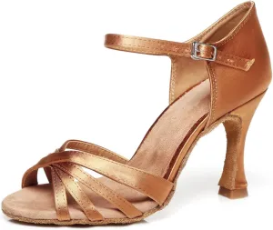 Women's Fashion Peep Toe Satin Ballroom Tango Party Wedding Promal Practice Professional Dance Shoes Bronze US 4.5