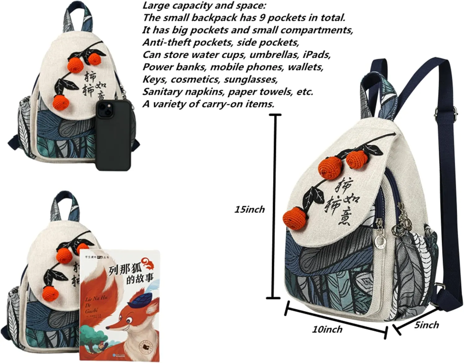 Womens Hippie Cotton Hemp Cloth Backpack Boho Vintage Embroidered Casual Purse