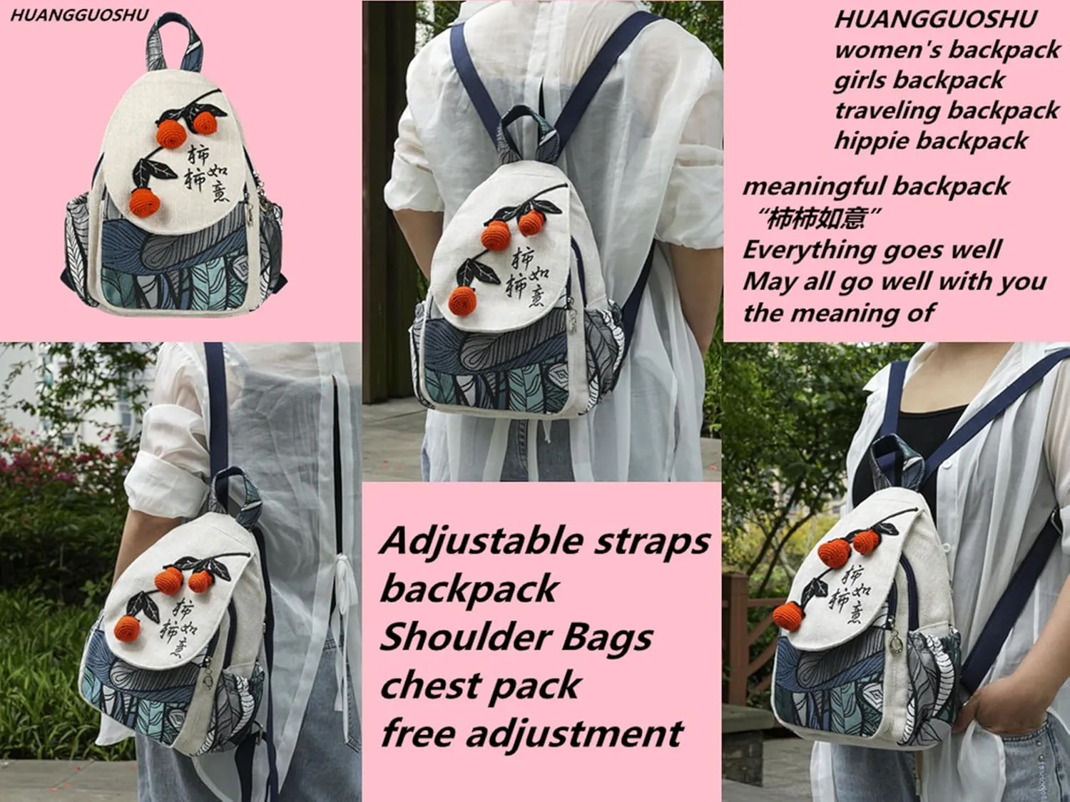 Womens Hippie Cotton Hemp Cloth Backpack Boho Vintage Embroidered Casual Purse