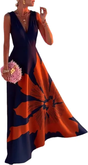 Womens Maxi Dress Sleeveless V-Neck Floral Print Navy Orange Elegant 2025 Spring Summer Evening Party Dress