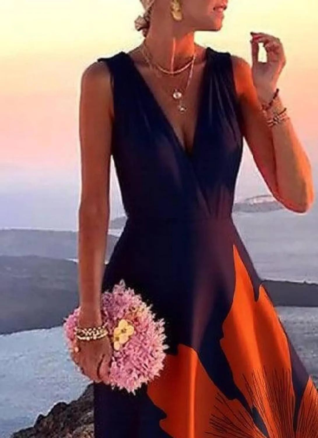 Womens Maxi Dress Sleeveless V-Neck Floral Print Navy Orange Elegant 2025 Spring Summer Evening Party Dress
