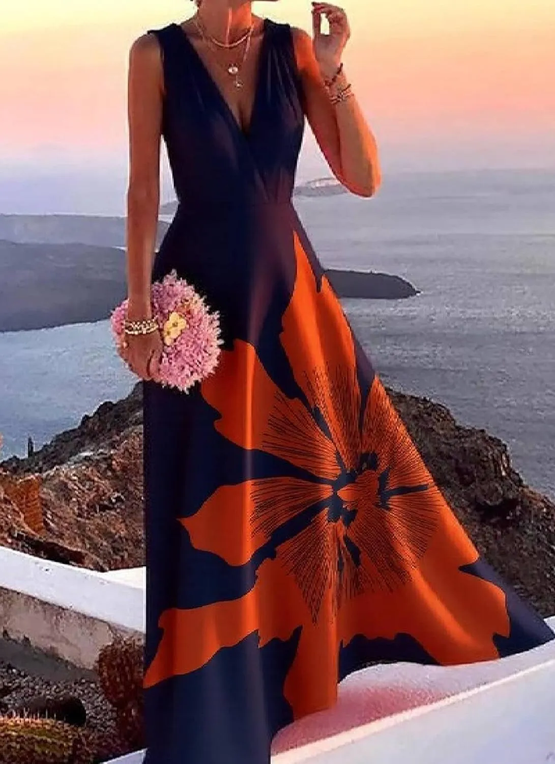 Womens Maxi Dress Sleeveless V-Neck Floral Print Navy Orange Elegant 2025 Spring Summer Evening Party Dress