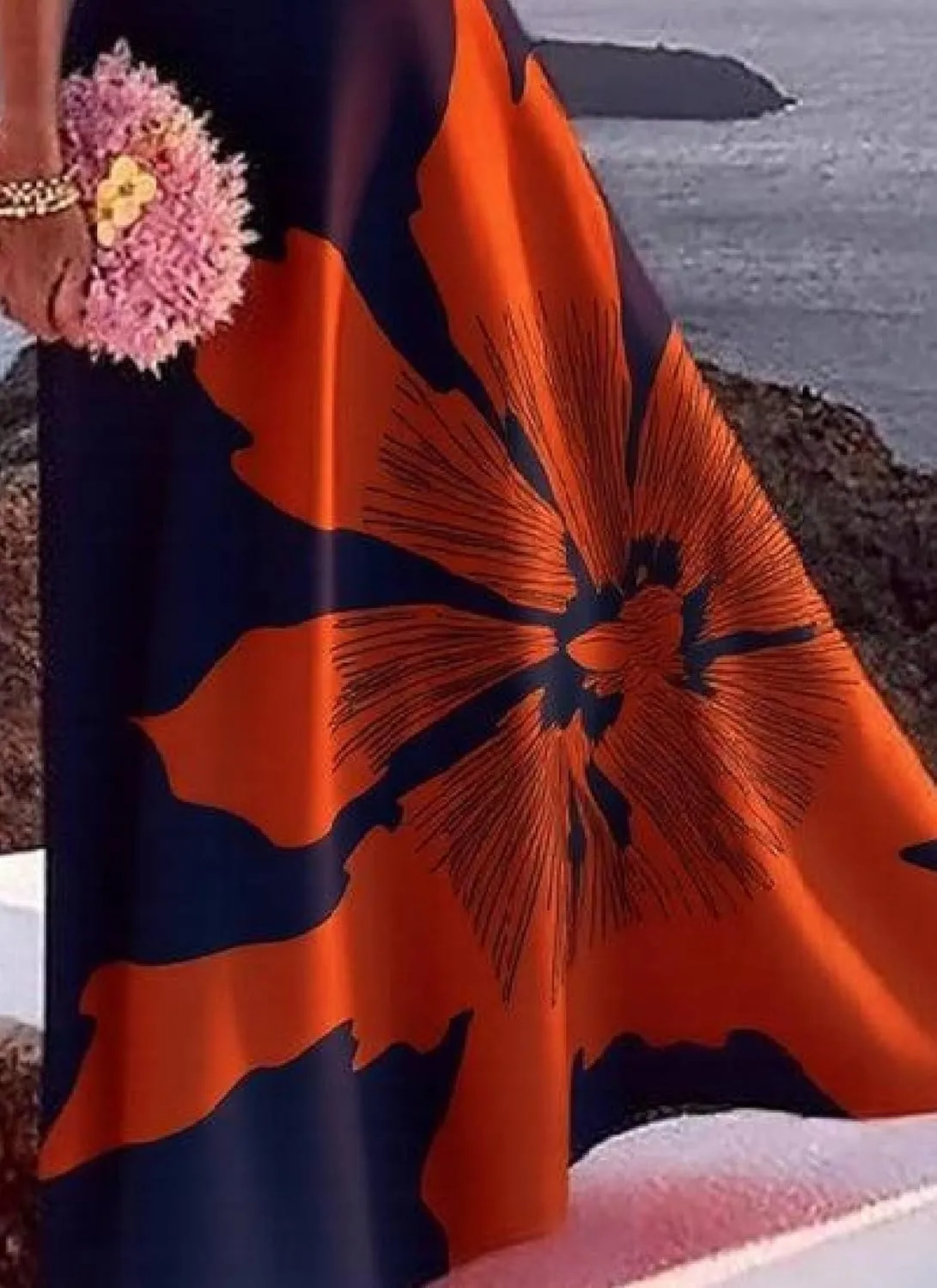 Womens Maxi Dress Sleeveless V-Neck Floral Print Navy Orange Elegant 2025 Spring Summer Evening Party Dress