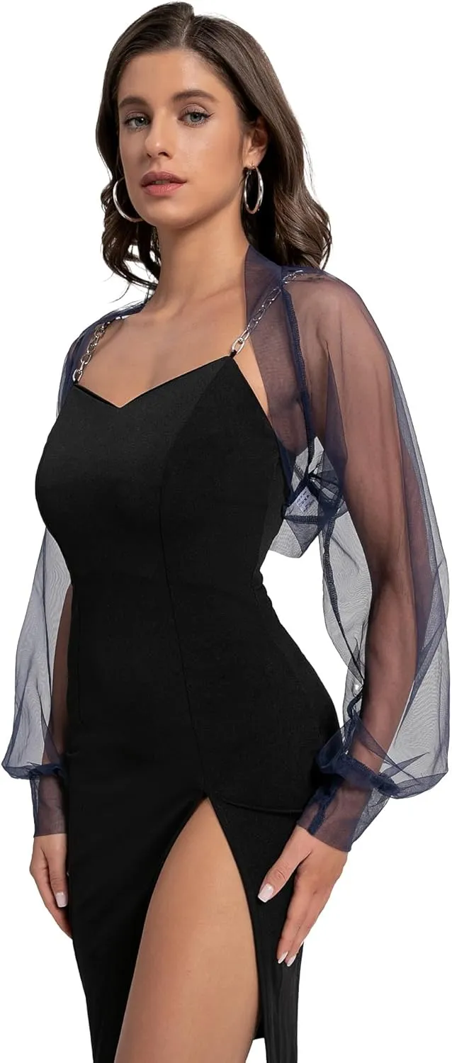 Womens Mesh Bolero Shrug,Long Sleeve Sheer Cardigan for Dress,Y2K Sheer Bolero Jacket Open Front Mesh Crop Top