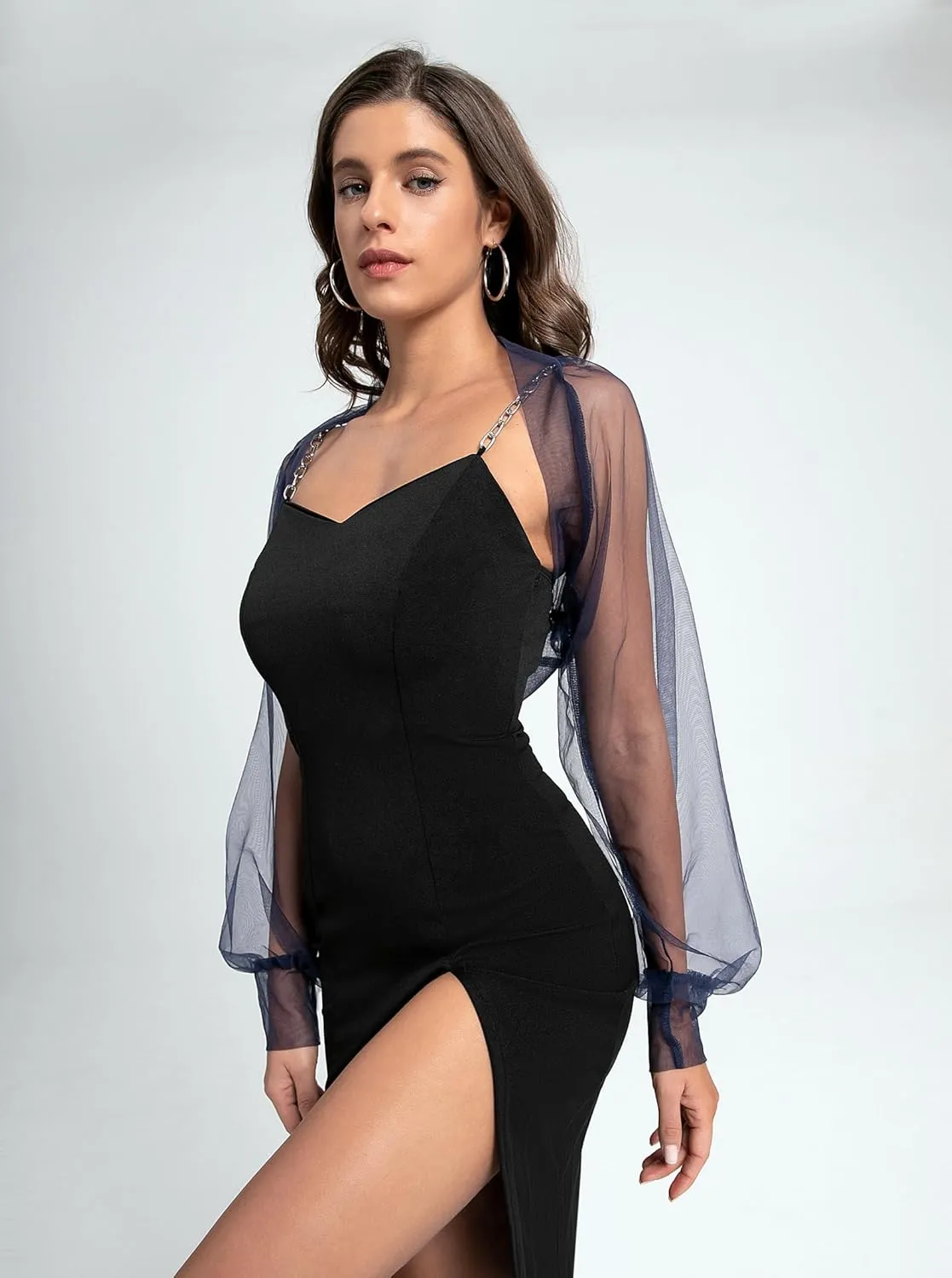 Womens Mesh Bolero Shrug,Long Sleeve Sheer Cardigan for Dress,Y2K Sheer Bolero Jacket Open Front Mesh Crop Top