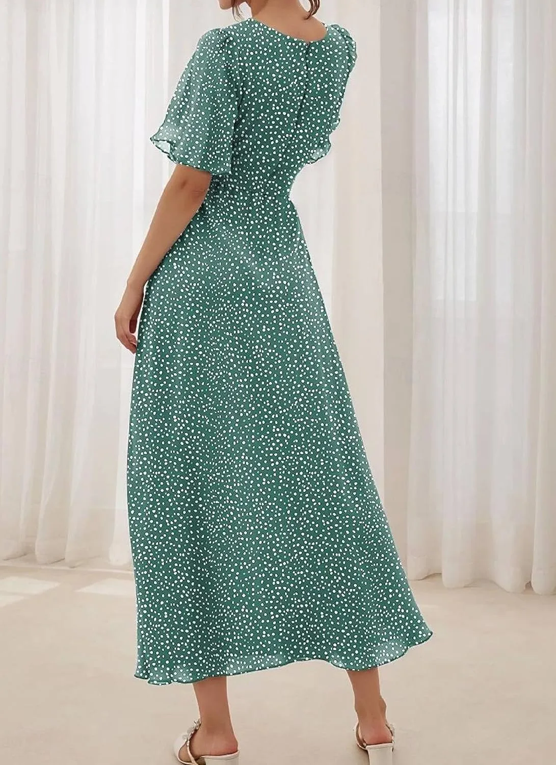 Women's Midi Dress Bright Green Short Sleeve V-Neck Polka Dot Elegant Intellectual 2025 Summer and Spring Daily Dress