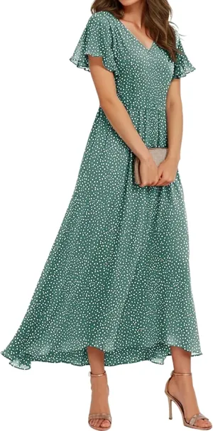 Women's Midi Dress Bright Green Short Sleeve V-Neck Polka Dot Elegant Intellectual 2025 Summer and Spring Daily Dress