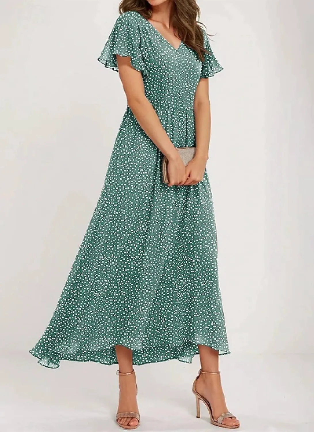 Women's Midi Dress Bright Green Short Sleeve V-Neck Polka Dot Elegant Intellectual 2025 Summer and Spring Daily Dress