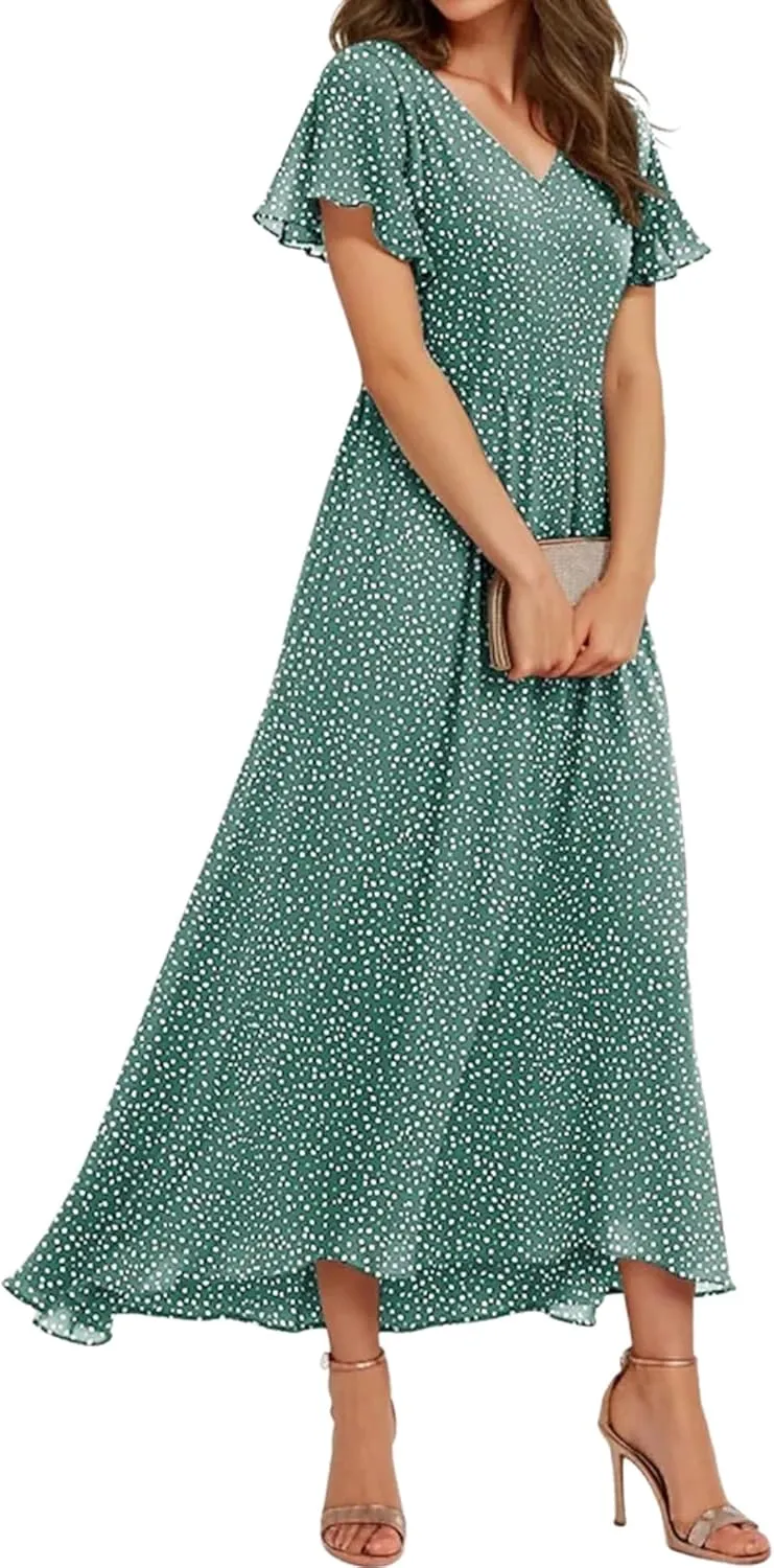 Women's Midi Dress Bright Green Short Sleeve V-Neck Polka Dot Elegant Intellectual 2025 Summer and Spring Daily Dress