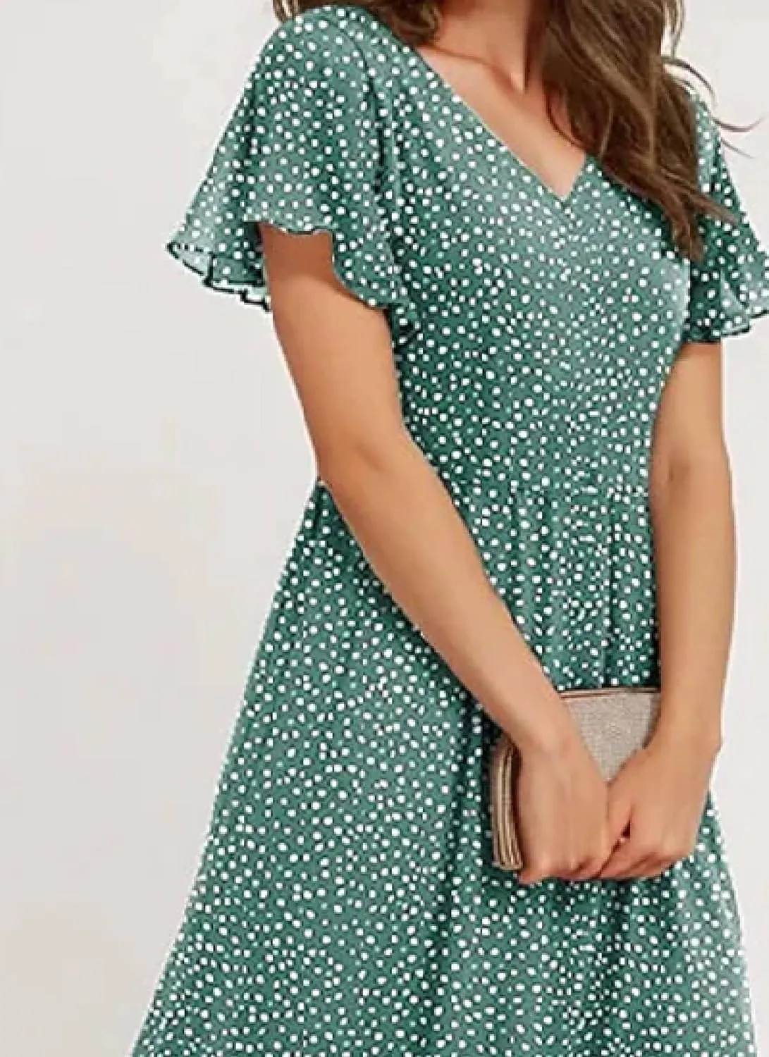 Women's Midi Dress Bright Green Short Sleeve V-Neck Polka Dot Elegant Intellectual 2025 Summer and Spring Daily Dress