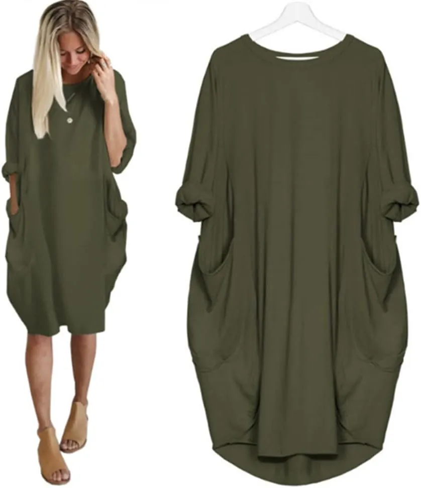 Women's Oversized Dress Long Sleeve Loose Tunic T-Shirt Dresses Summer Fashion Baggy Dress with Pockets 2025