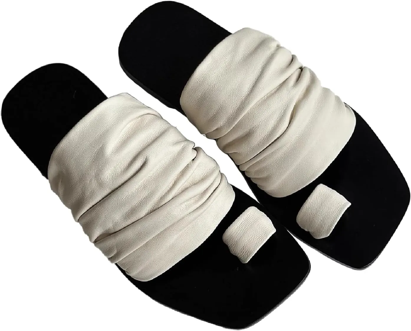Women's Pleated Leather Toe Ring Flats Sandals Fashion Comfort Open Square Toe Low Block Heel Slip-on Clip Toe Slides Summer Daily Beach Slippers