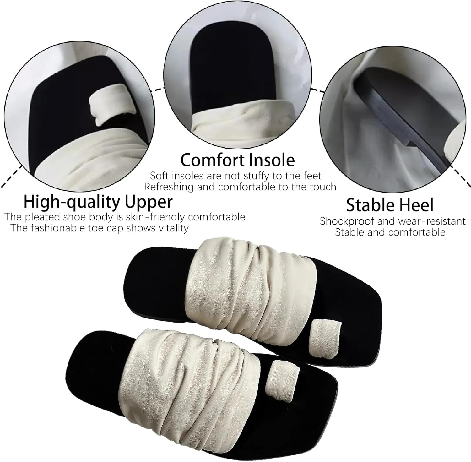 Women's Pleated Leather Toe Ring Flats Sandals Fashion Comfort Open Square Toe Low Block Heel Slip-on Clip Toe Slides Summer Daily Beach Slippers
