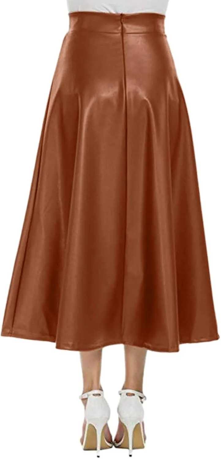 Women's PU Faux Leather High Rise Zip Back Flare Pleated Long A-Line Skirt for Office & Work Festival Party